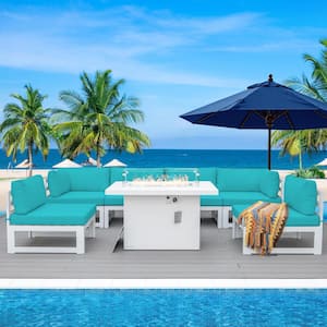 Modern 7-Piece White Aluminum Patio Fire Pit Seating Set, Turquoise Cushions and 55,000 BTU Fire Pit Table