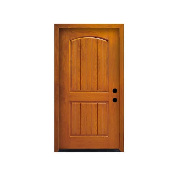 36 in. x 80 in. 1 Panel Left-Hand Inswing Stained Brown Fiberglass Prehung Front Door with Threshold, Hinge