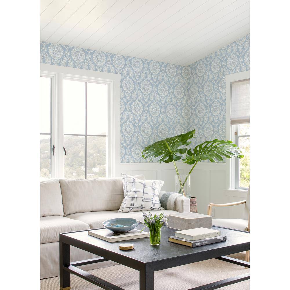 Helm Damask Light Blue and White Floral Medallion Wallpaper