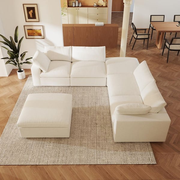 Magic Home Down Filled 157 in. Square Arm 8-Piece Linen Convertible Cloud Modular Tuxedo Sofa with Ottoman, Washable Cover in White