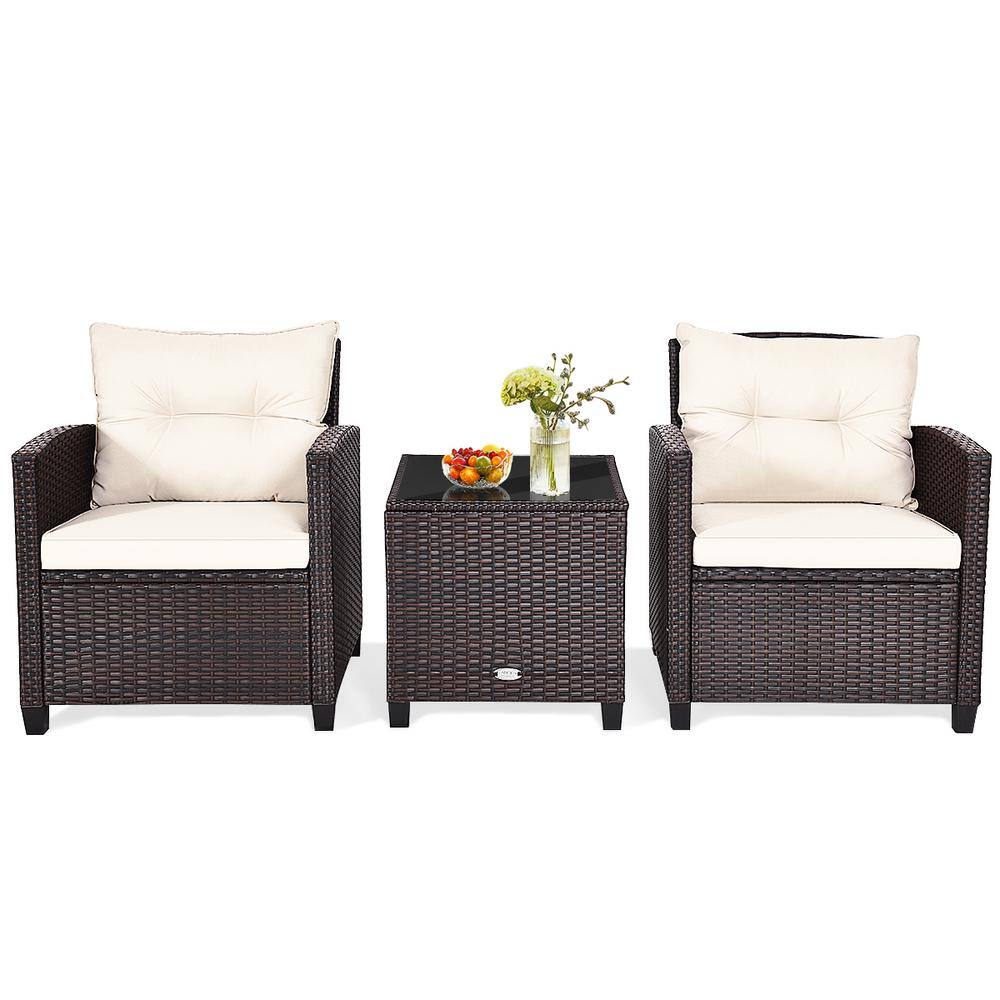 Brown 3-Pieces Wicker Patio Conversation Set Outdoor Rattan Furniture with White Cushions price history on PriceWatchPro