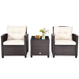 Brown 3-Pieces Wicker Patio Conversation Set Outdoor Rattan Furniture with White Cushions