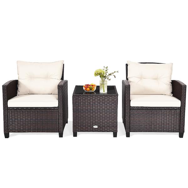 HONEY JOY Brown 3-Pieces Wicker Patio Conversation Set Outdoor Rattan Furniture with White Cushions
