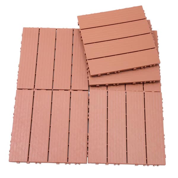 Tunearary 44 Patio Patio Mahogany Color Plastic Waterproof Interlocking Floor Tiles, 11.8 in. x 11.8 in.