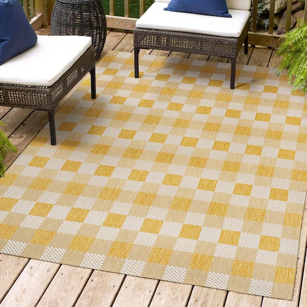 Darcy Traditional Geometric Bold Gingham Yellow/Cream 3 ft. x 5 ft. Indoor/Outdoor Area Rug