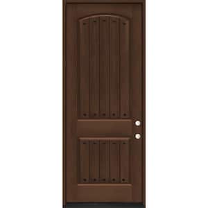 Regency 36 in. x 96 in. 2-Panel Plank LHIS Hickory Stain Fiberglass Prehung Front Door with Clavos
