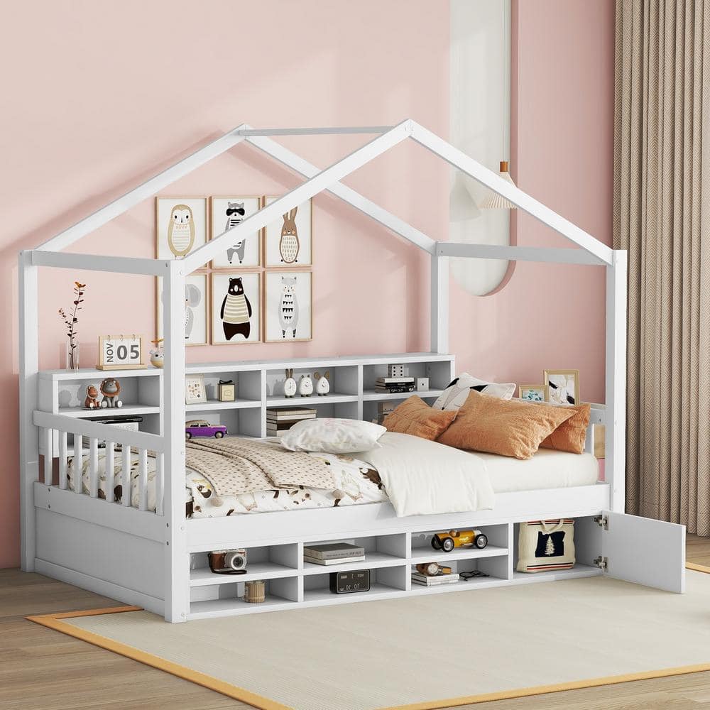 White Twin Size Wooden House Bed with Multiple Storage Shelves Mini Cabinet with Door