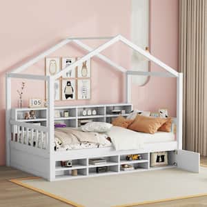 White Twin Size Wooden House Bed with Multiple Storage Shelves, Mini Cabinet with Door