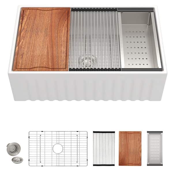 Ceramic White 30 in. Farmhouse Single Bowl Workstation Apron Front Kitchen Sink with Bottom Grid and Cutting Board