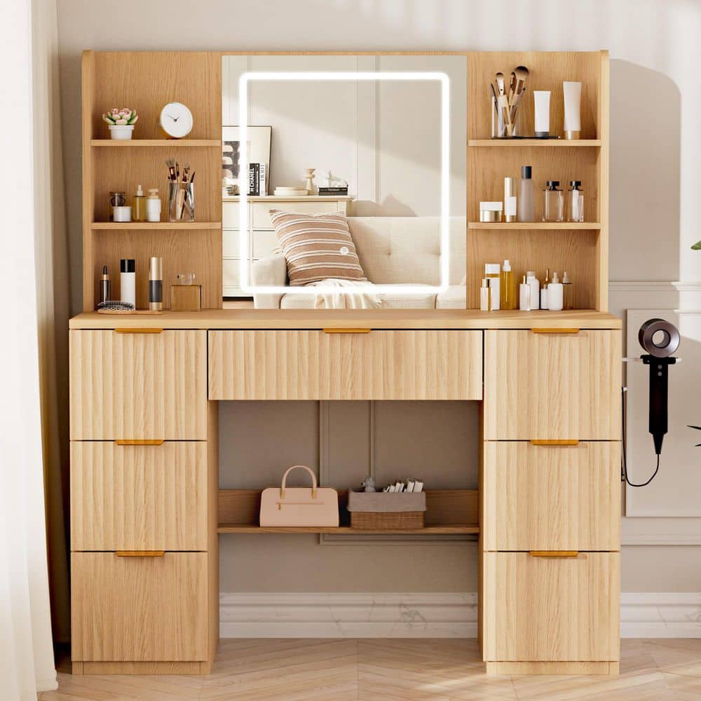Makeup Vanity with Lights in 3-Colors, Vanity Desk with Large Mirror, Drawers and Shelves, Wood