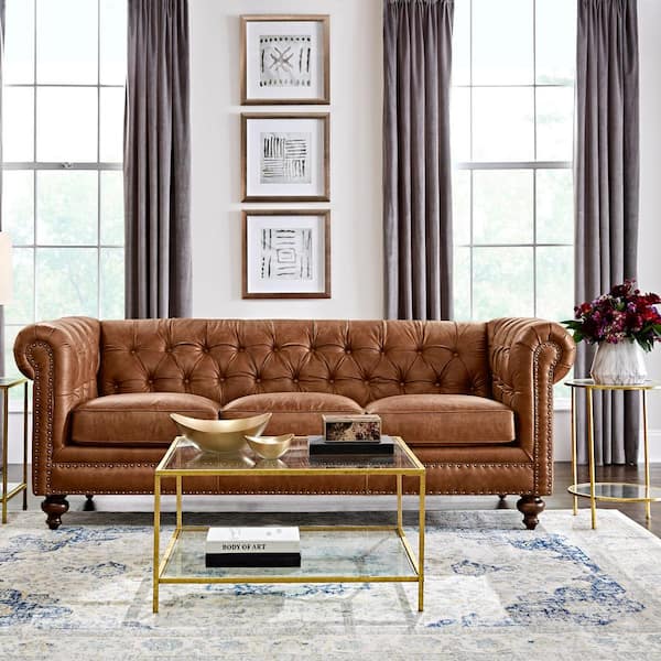 Home Decorators Collection Blakely 95, Shabby Chic Living Room With Brown Leather Sofa
