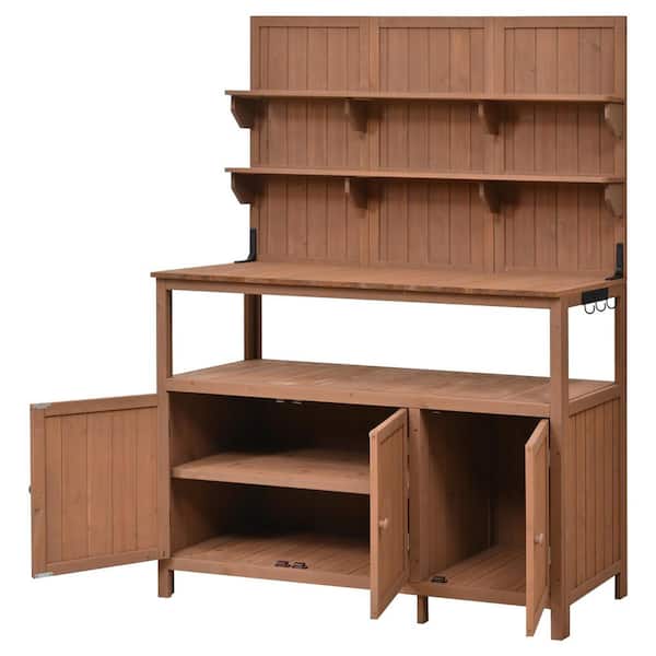 50.2 in. W x 65.4 in. H Natural Brown Wood Potting Bench, Working Station with Large Countertop, Outdoor Planting Table