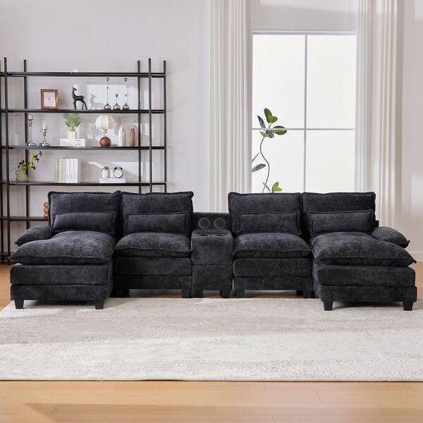 Modern 126 in. 4-Pieces Fabric Upholstered U-Shaped with Wireless Charging and Bluetooth Audio Sectional Sofa in. Black