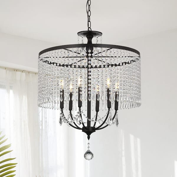 pasentel 6-Light Matt Black Hanging Chandelier Pendant Lighting with K9 Crystal