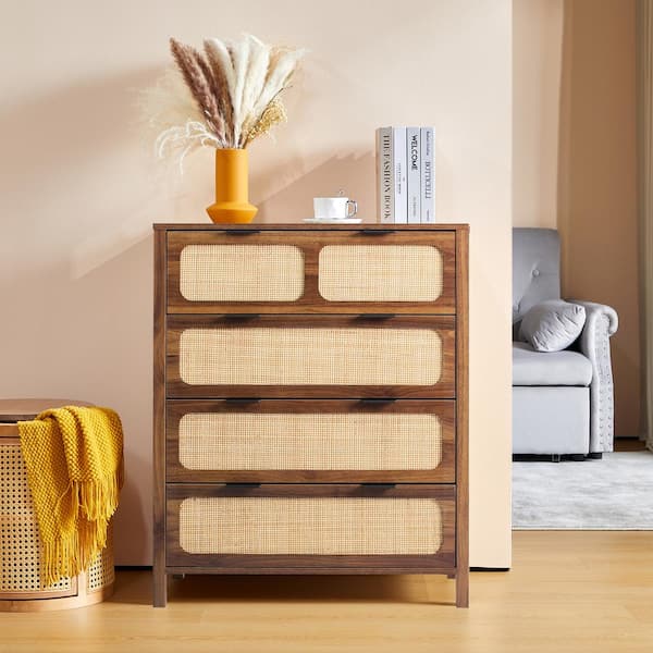 Walnut Wooden Rattan 4-Drawer Storage Cabinet Dresser (15.74in.D x 29.52in.W x 35.43in.H)