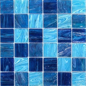 Aqua Blue Ocean Mesh-Mounted Squares Glass 3 in. x 6 in. Floor and Wall Tile Sample