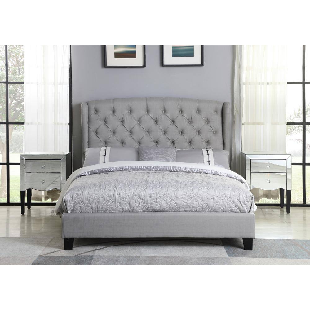 King Size Gray Linen Upholstered Tufted Platform Bed