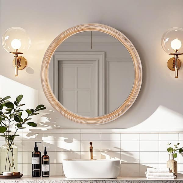 Natural 27.56 in W x 27.56 in H Round Farmhouse Distressed Wood Framed Wall Mirror Vanity Mirror