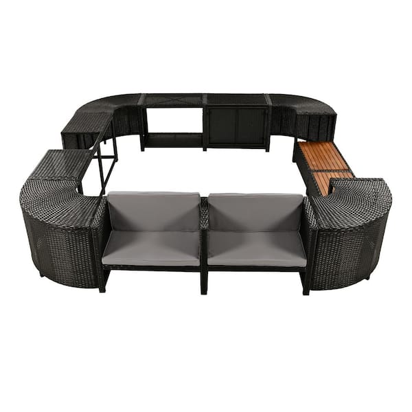 Tatayosi Spa Surround Spa Frame Quadrilateral Wicker Rattan Outdoor Sectional Sofa Set with Grey Cushions