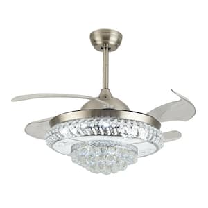 42 in. Silver Modern Luxury Crystal Indoor Integrated LED 3-Speed Retractable Blades Ceiling Fan with Remote