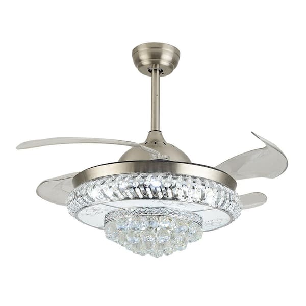OUKANING 42 in. Silver Modern Luxury Crystal Indoor Integrated LED 3-Speed Retractable Blades Ceiling Fan with Remote