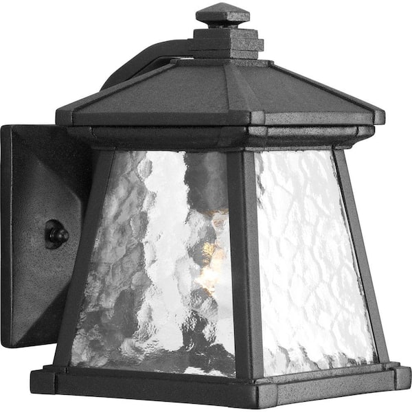 Progress Lighting Mac Collection 1-Light Textured Black Water Patterned Glass Craftsman Outdoor Small Wall Lantern Light