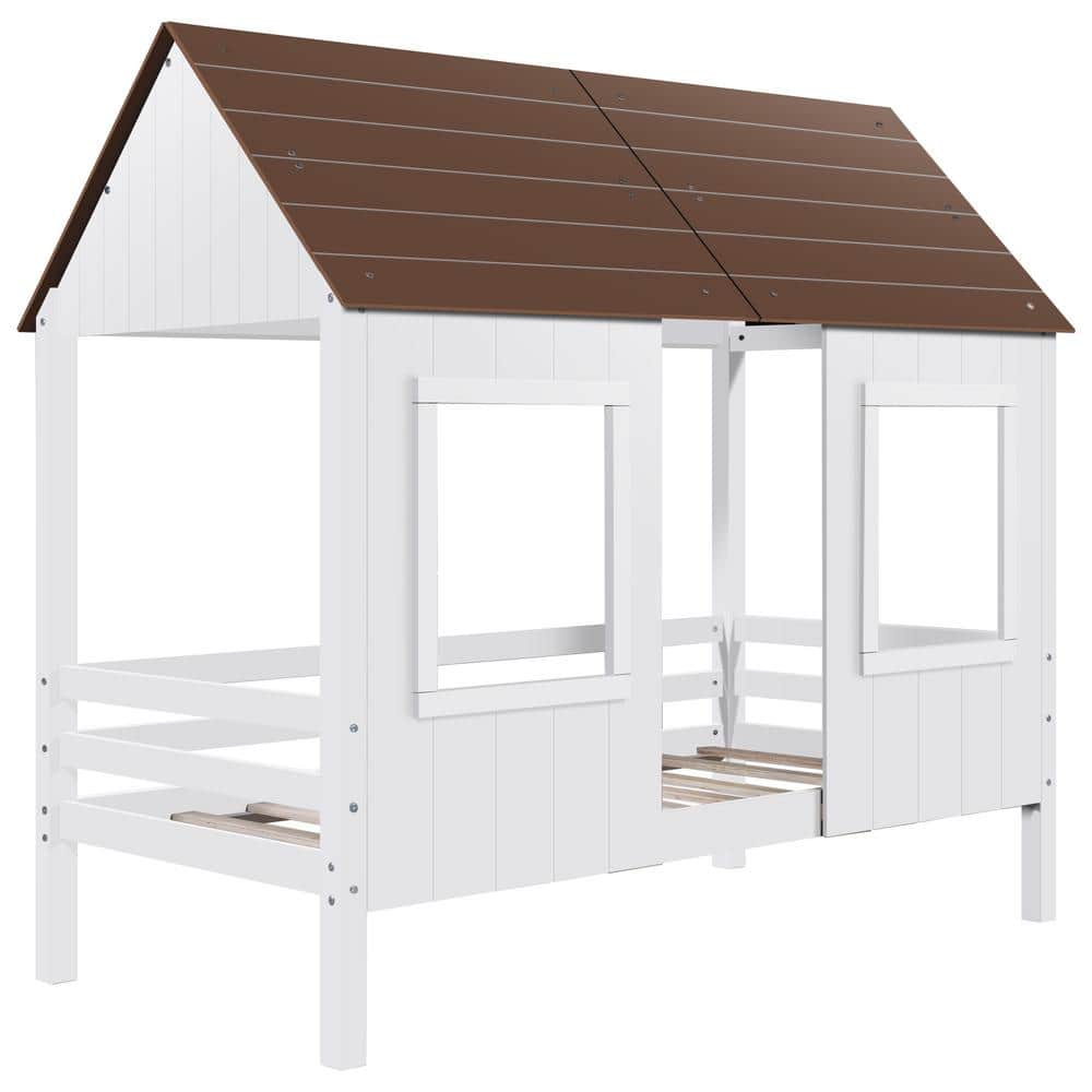 Angel Sar White Twin Size Low Loft Wood House Bed with Two Front ...