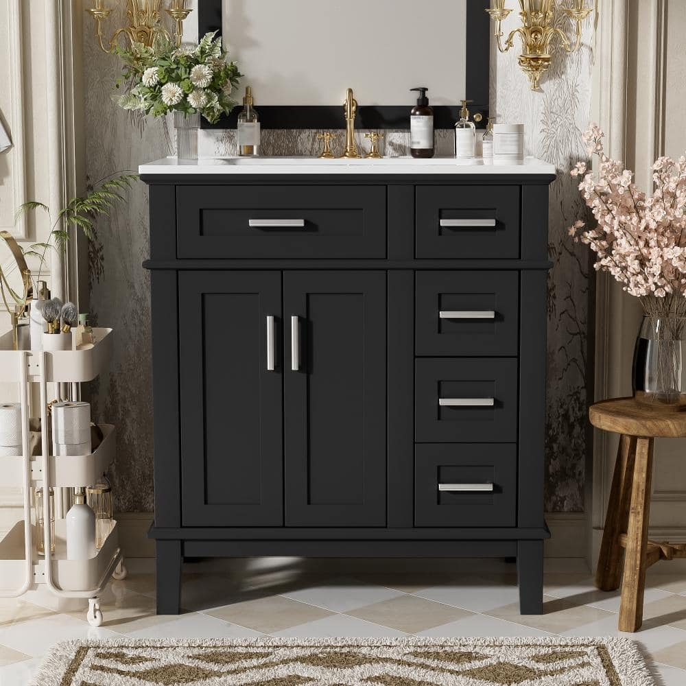 30 in. Single Sink Freestanding Black Solid Wood Frame Bath Vanity with White Ceramic Top, Soft-Close Doors price history on PriceWatchPro