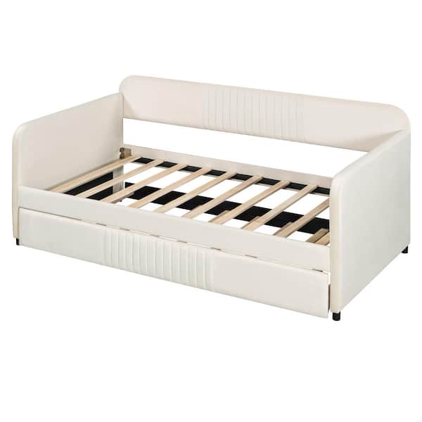 Beige Wood Frame Twin Size Daybed with Trundle Bed and Wood Slat