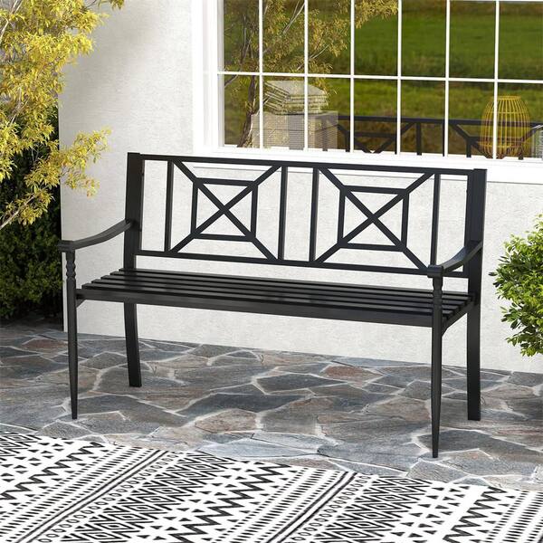 2-Person Black Metal Outdoor Bench Porch Chair Yard Outdoor