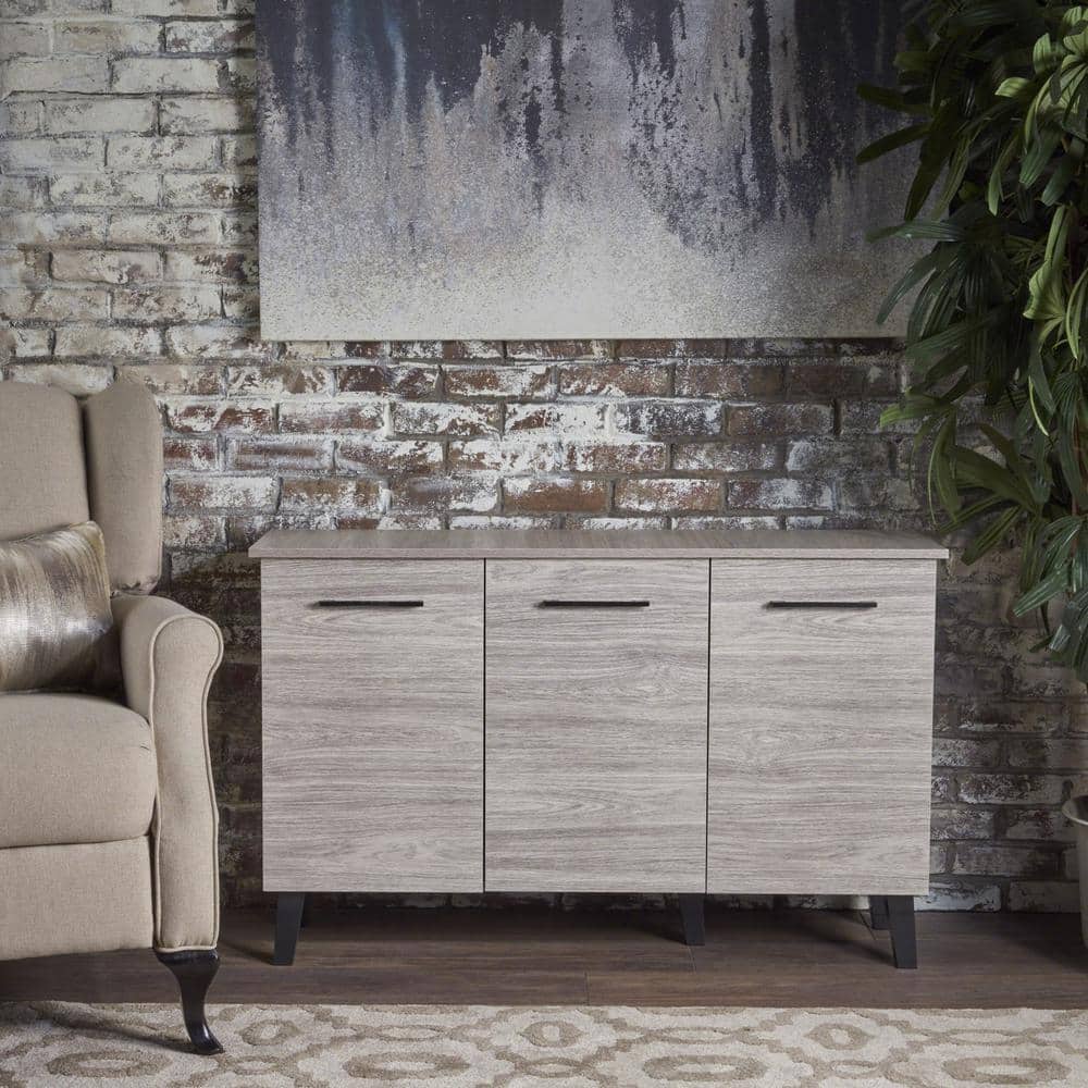Gray Oak Mid-Century Modern 3-Door Fiberboard Cabinet
