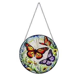 Stained Glass Butterfly Hanging Suncatcher Panel with Chain, Multicolor, 8 in. Round, 13 in. Hanging Length