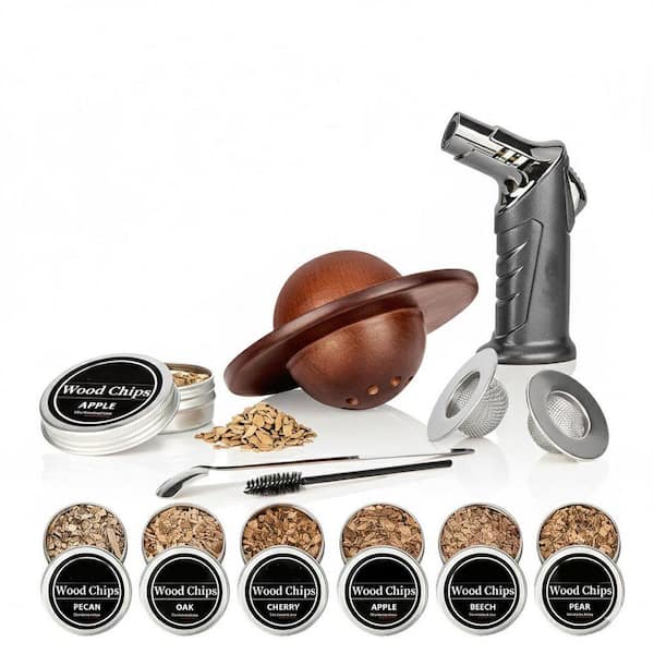 Brown Wood Whiskey Smoker Kit Cocktail Infuser Kit with Torch, 4 Flavors Wood Chips for Old Fashioned Drinks (No Butane)