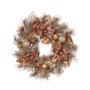24 in. Artificial Frosted PVC Wreath with Magnolia, Champagne and Rose Gold Ornaments and Berries