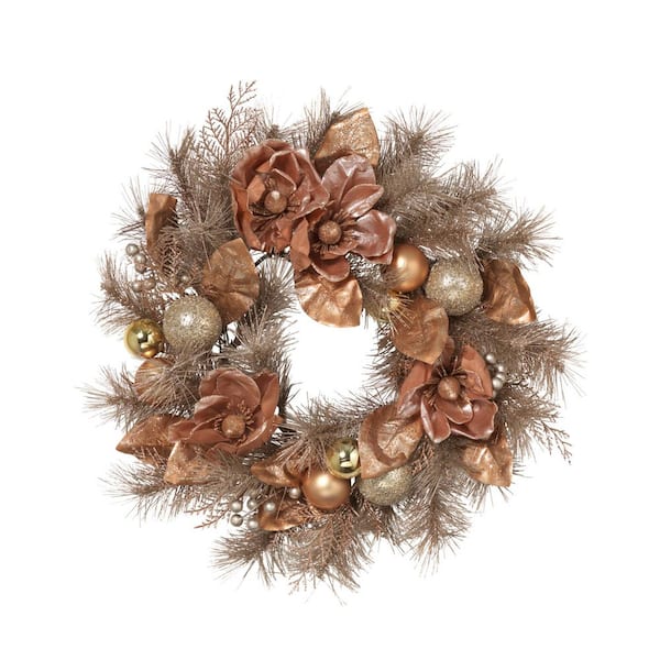 GERSON INTERNATIONAL 24 in. Artificial Frosted PVC Wreath with Magnolia, Champagne and Rose Gold Ornaments and Berries