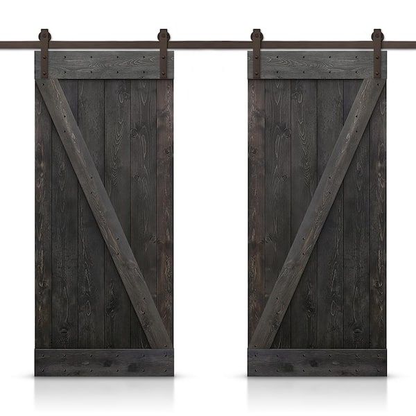 CALHOME Z Bar 84 in. x 84 in. Pre-Assembled Weather Gray Stained Wood Interior Double Sliding Barn Door with Hardware Kit