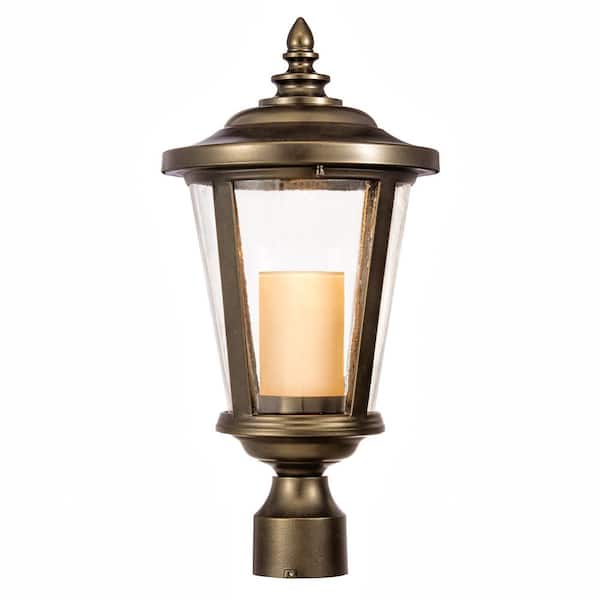 Home Decorators Collection Bellingham Oil Rubbed Bronze Outdoor LED Medium Post Mount with Clear Glass and Amber Glass Candle
