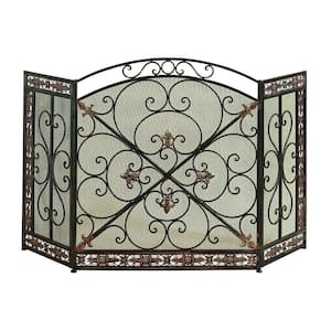 Bronze and Black Filigree Design Metal 3-Panel Fireplace Screen
