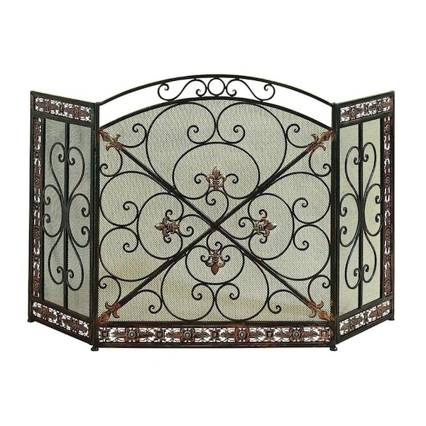 Benzara Bronze and Black Filigree Design Metal 3-Panel Fireplace Screen