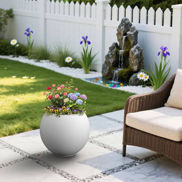19.5 in. Large Pearl White Concrete Round Planter /Pot with Upgraded Interior with Drainage Holes for Indoor and Outdoor