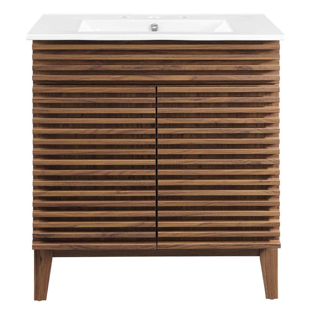 Mid-Century Modern 30" Walnut White Vanity Cabinet with Ceramic Basin