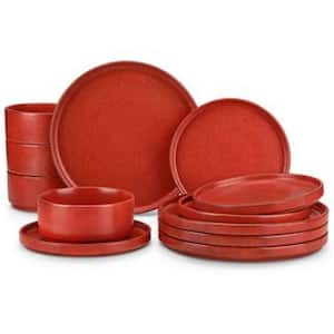 12-Piece Red Stoneware Dinnerware Set Service for 4 Black Textured Double-sided Matte Plates and Bowls Set Tableware