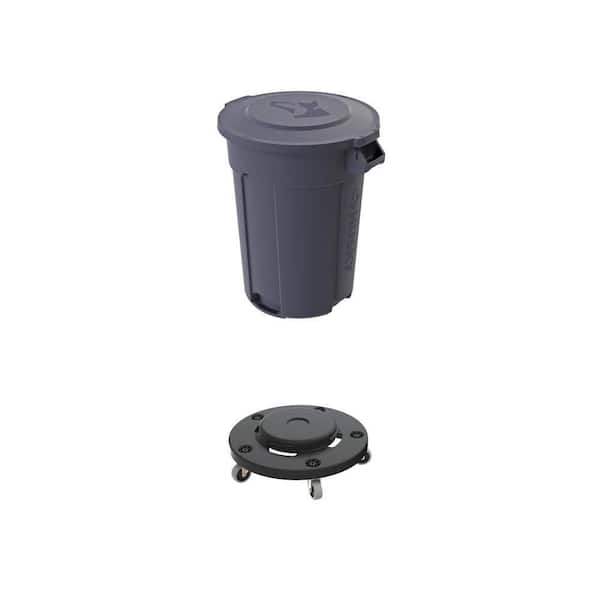 55 Gal. Grey Vented Trash Can with Domed Lid and Trash Can Dolly Combo