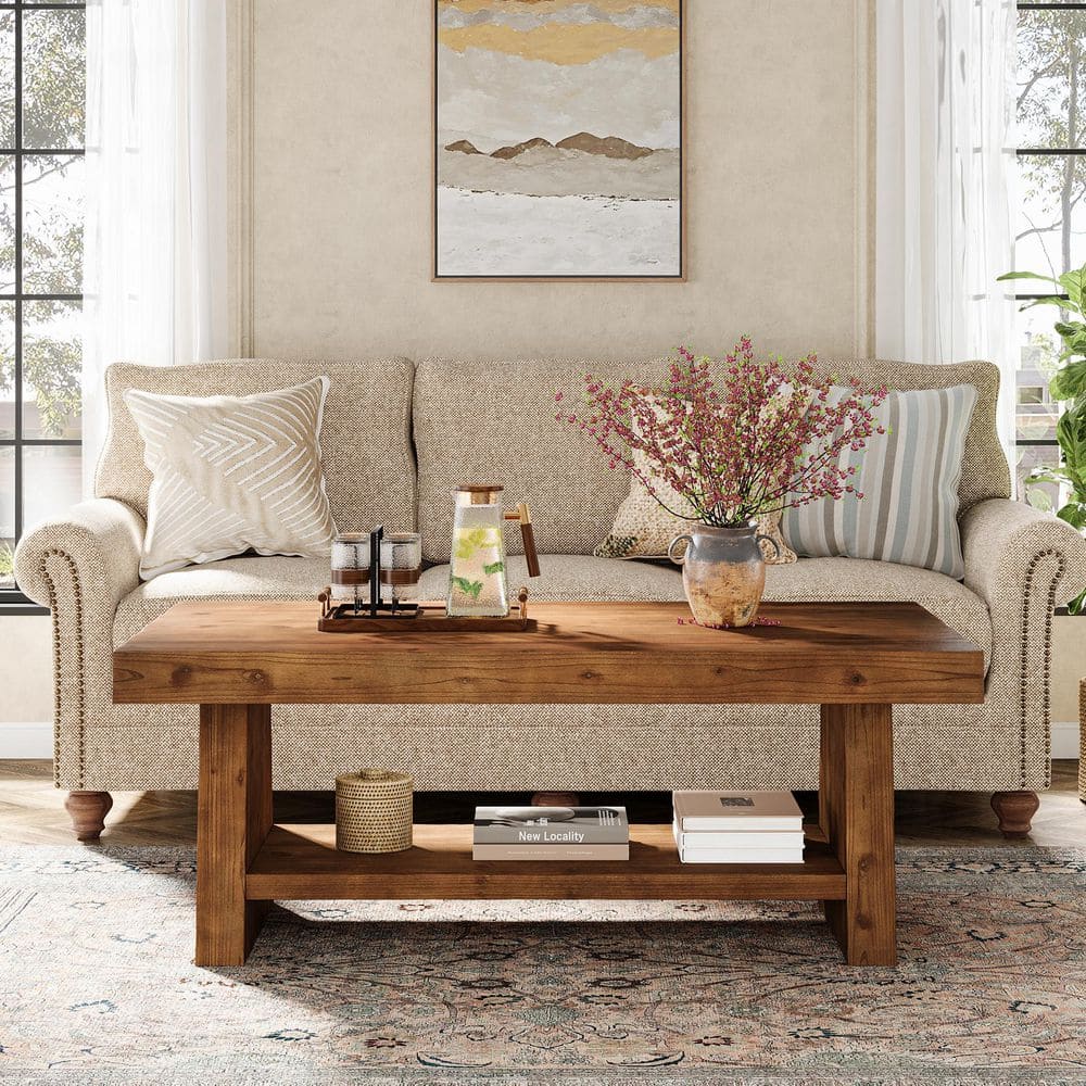 BYBLIGHT Kerlin 47 in. Brown Rectangle Solid Wood Coffee Table