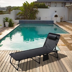 Metal Outdoor Folding Chaise Lounge Chair with Pillow and Pocket in Black