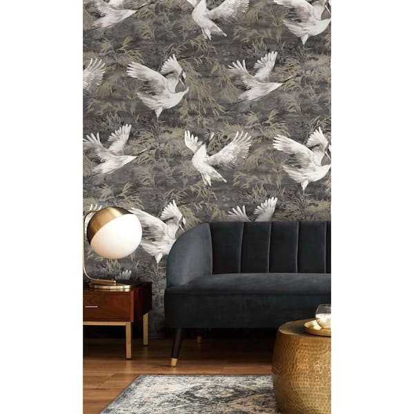Walls Republic Charcoal Sarus Crane in the Field Metallic Wallpaper with Non-Woven Material Covered 57 Sq. ft Double Roll