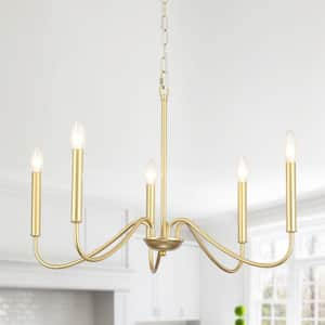 5-Light Gold Candle Design Hanging Linear Chandelier Lighting for Kitchen Island