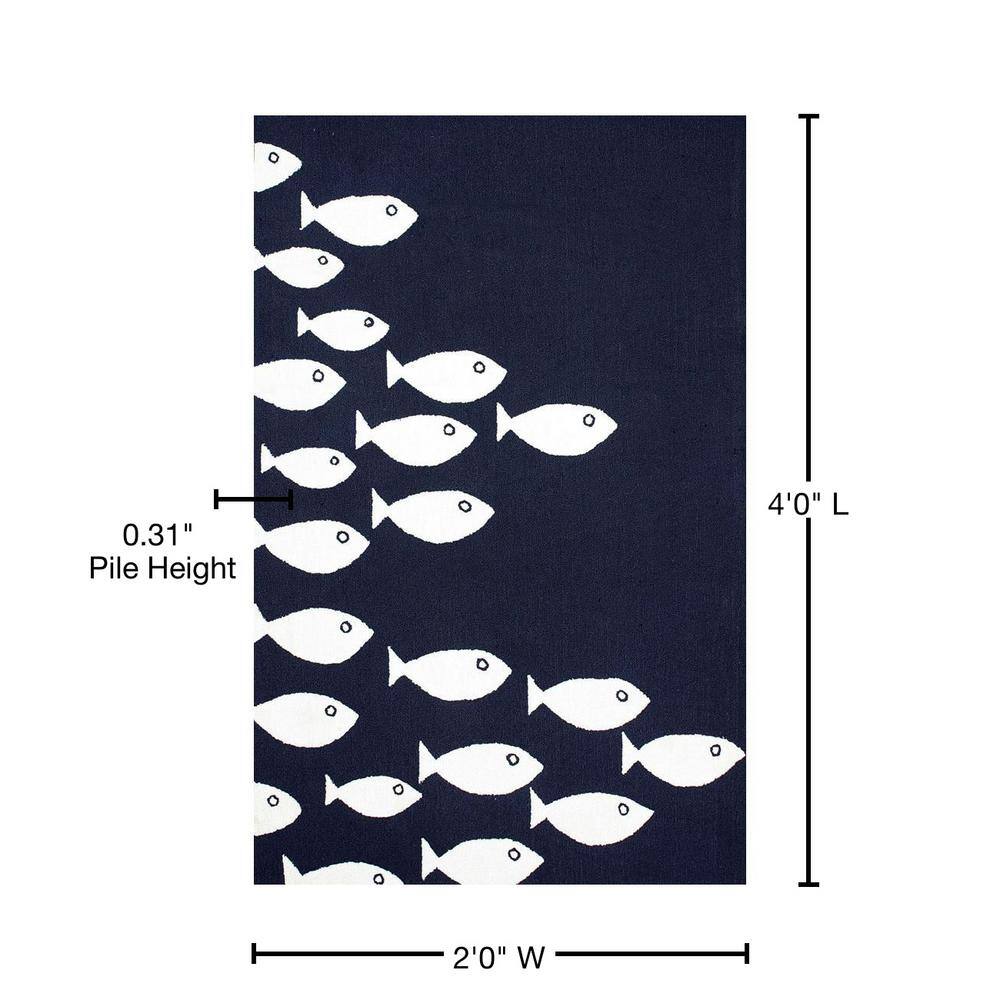 Navy and White Synthetic Fish Pattern Indoor/Outdoor Rug, 2x4 Feet