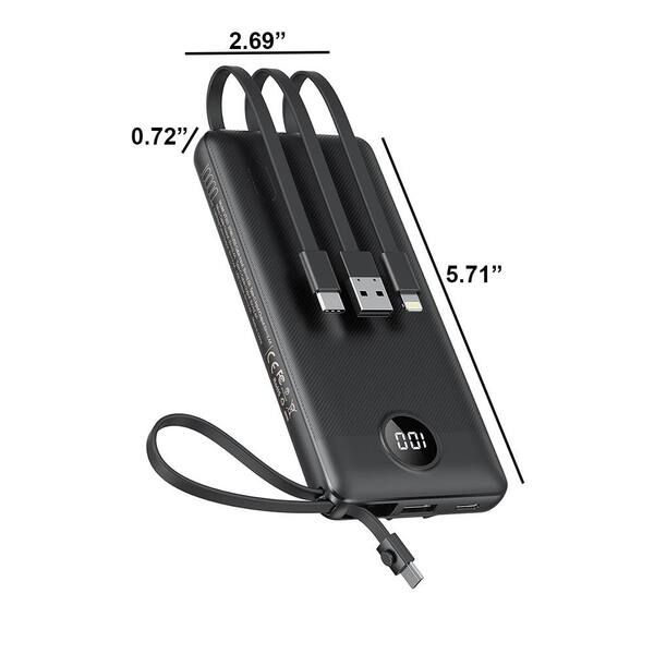 Lukyamzn 10000 mAh Slim Portable Power Bank in Black with Built-In Cables  Compatible with iPhone, Samsung, Android SA17-227B037 - The Home Depot