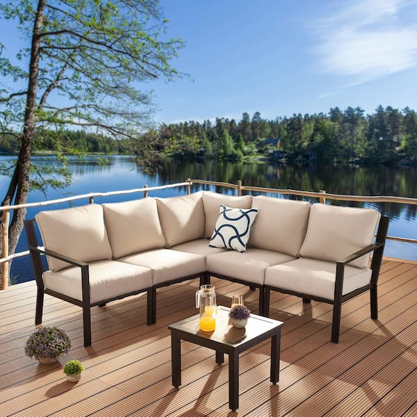 Patio Festival X Back 6 Piece Metal Conversation Seating Set With Beige Cushions Pf20210 724 725 726 727x2 Metal Patio Conversation Seating Set, Lakeside 3 Piece Outdoor Sofa Armless Chairs And Coffee Table Set